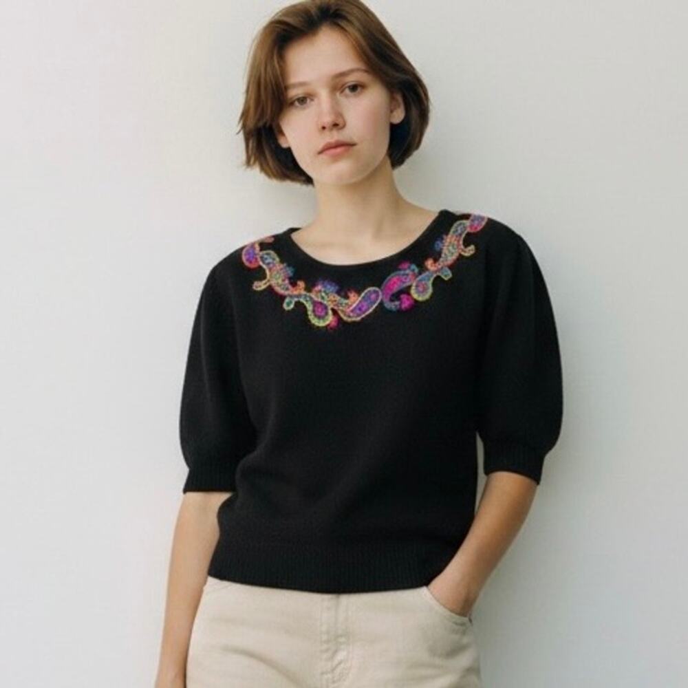 Vintage 80s Evan Picone Black Wool Sweater Paisley Beaded Medium -